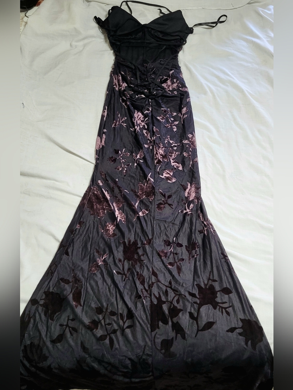 Black, Floral Satin Evening Gown - Picture 9 of 9